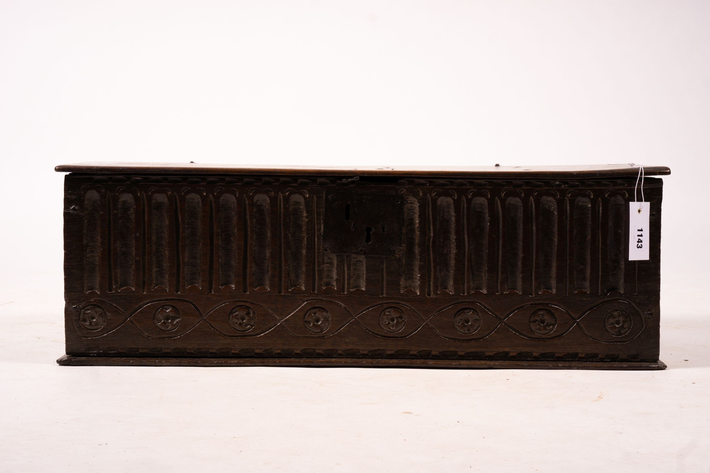 A 17th century rectangular carved oak bible box, W.74cm D.40cm H.25cm